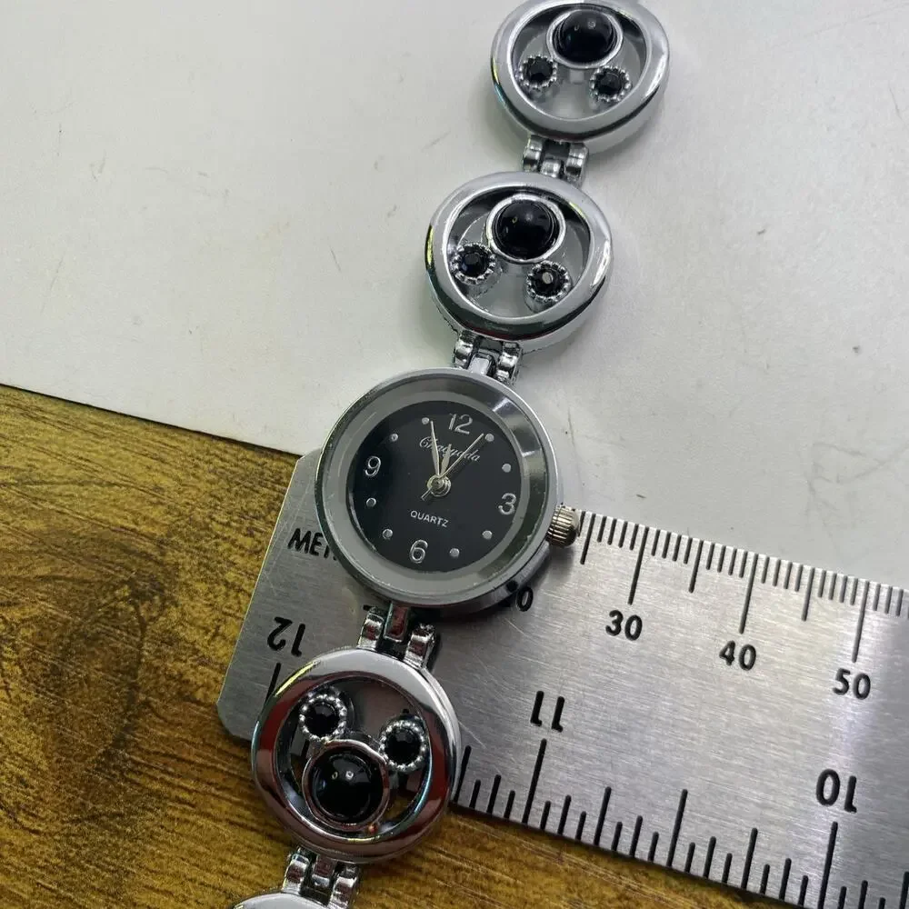 Womens Black Beaded Silver Quartz Watch Works New Battery